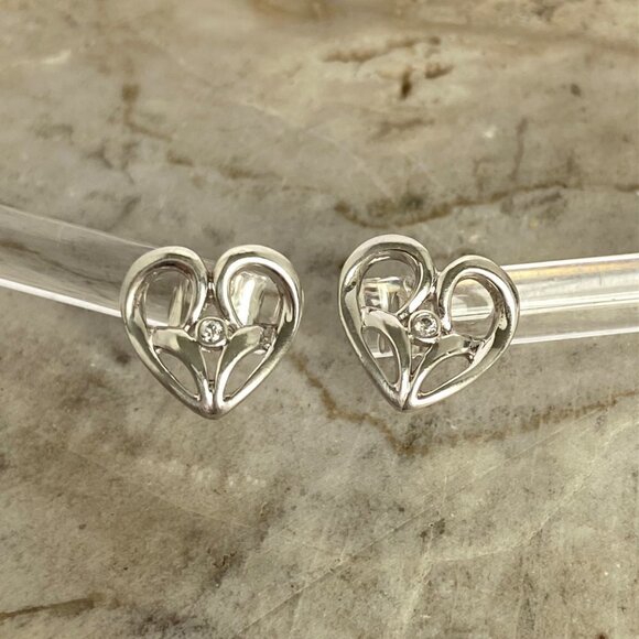 Sterling Silver 925 NDI 0.42" Dainty Round Diamond Open Heart Stud Earrings - Picture 8 of 16